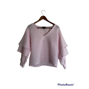 TOP shop pink plaid statement sleeve top